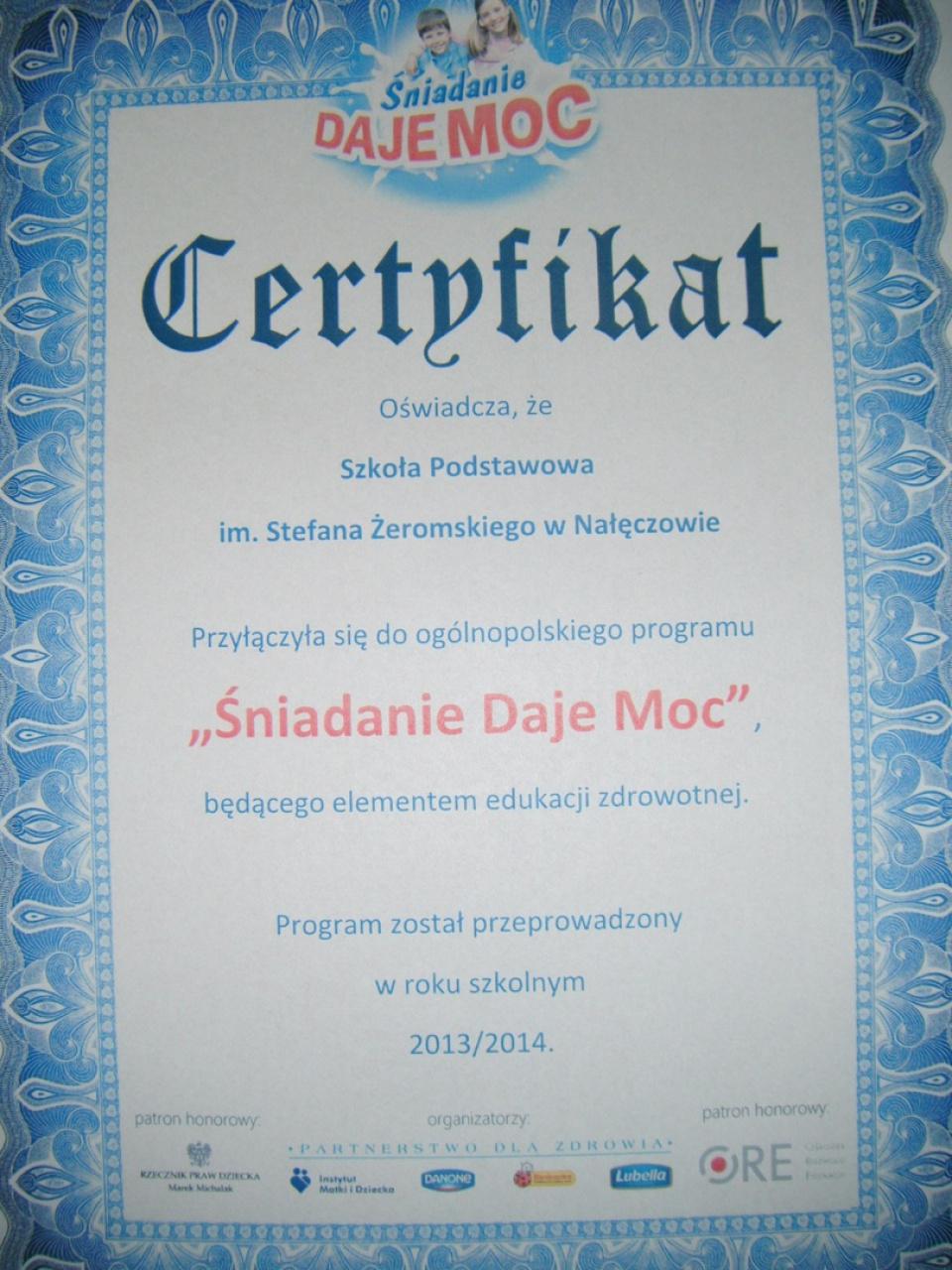 Szkoła Podstawowa w Nałęczowie otrzymała certyfikat "Śniadanie daje moc" !!!