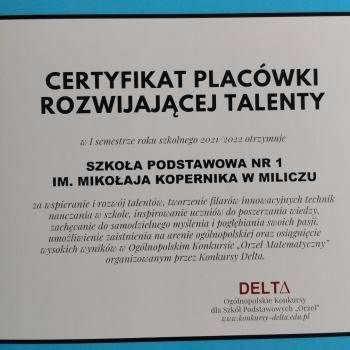 Certyfikat mamy  - bo  talenty rozwiajamy!
