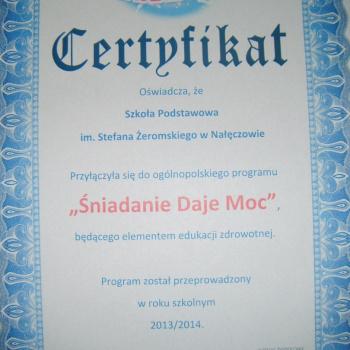 Szkoła Podstawowa w Nałęczowie otrzymała certyfikat "Śniadanie daje moc" !!!