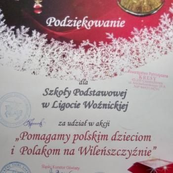 Podziękowanie za udział w akcji "Mikołaj z Polakami na Wileńszczyźnie"