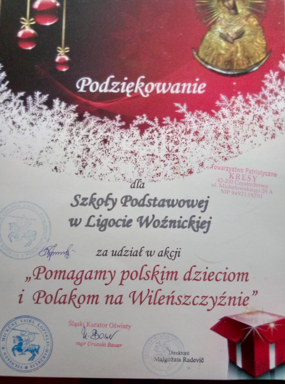 Podziękowanie za udział w akcji "Mikołaj z Polakami na Wileńszczyźnie"